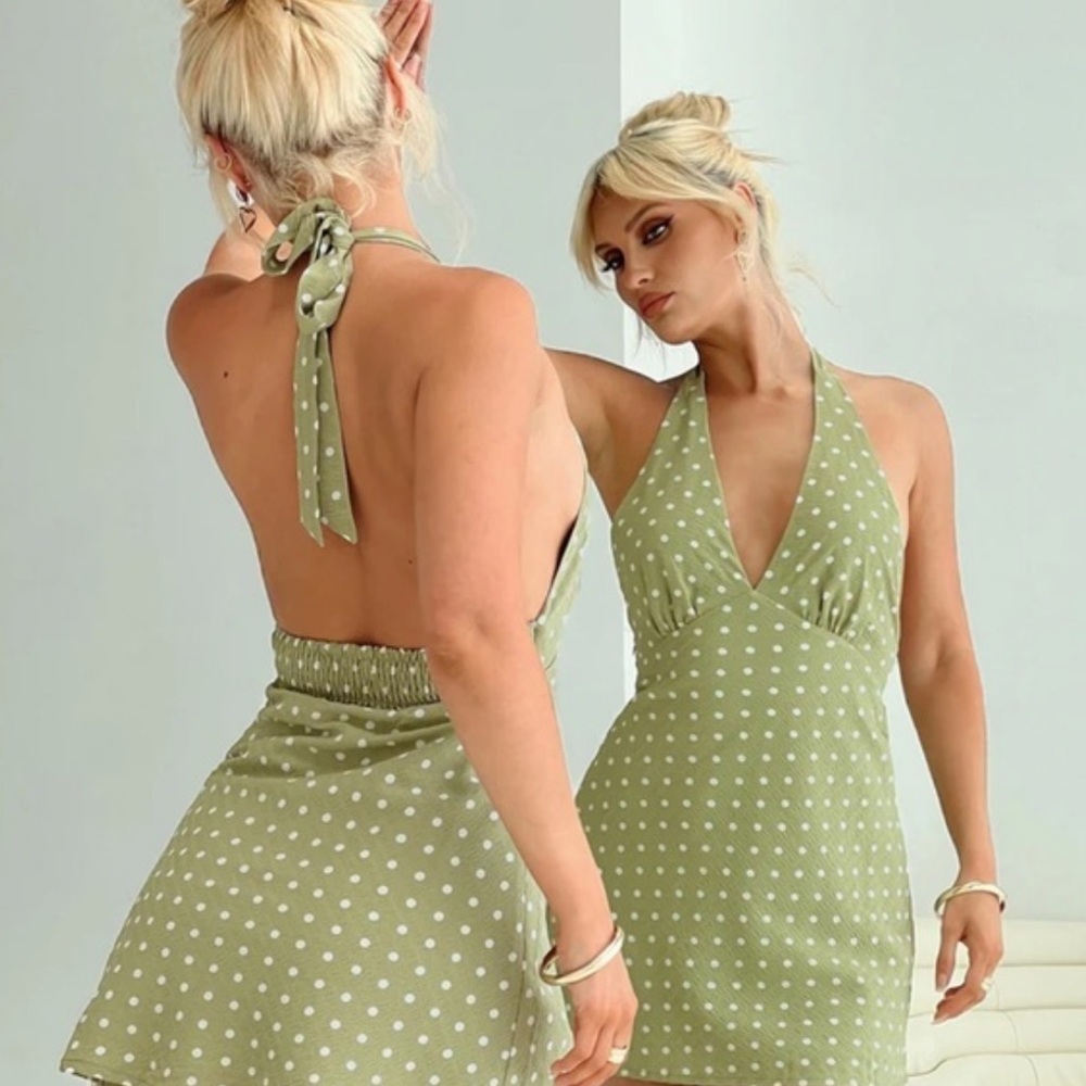 PRINCESS POLLY Polka Dot Halter Mini Dress Green White Party Date Vacation 8 M